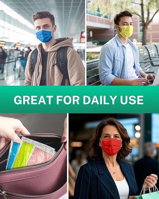 Disposable Face Masks Made in USA, 4 Ply for Families, Students, Breathable All-Day Wear & Safety, FSA HSA Eligible, ASTM Level 3 Medical Grade, 100 Pack Individual Wrap, Colorful