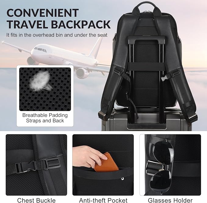 TIDING Men's Leather Laptop Backpack Fits 15.6 Inch Computer, TSA Approved & Water Resistant Work Daypack Business Travel Rucksack, Black