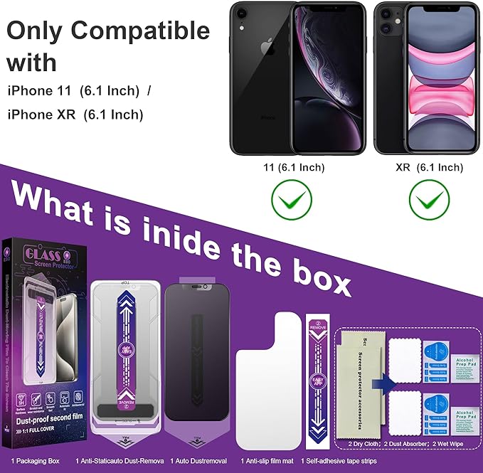 2 Pack Matte Privacy Screen Protector for iPhone 11 / iPhone XR, 9H Tempered Glass, Full Coverage, Anti-Fingerprint, Auto Dust-Elimination, No Bubble, Easy Installation