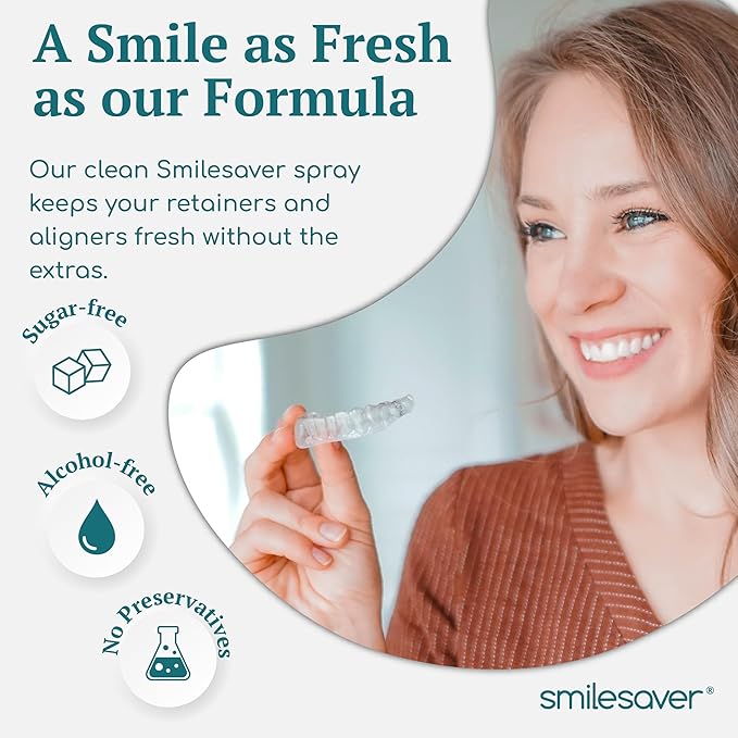 Smilesaver Retainer Cleaner - A Clean Label, Healthy Choice, 30 Sec Spray Cleaner for Retainers, Invisalign, & Dentures. Minty Taste. Portable, Convenient, No Rinsing. Protects Oral Health. (2oz)