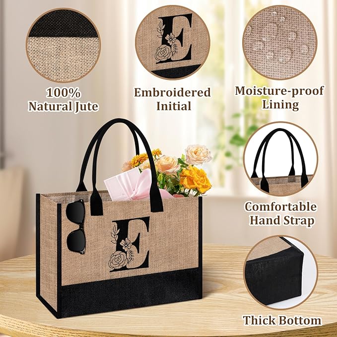 AYGE Personalized Initial Jute Tote Bag & Makeup Bag, Beach Bag, Monogrammed Birthday Gifts for Women Sister Mom Bridesmaid