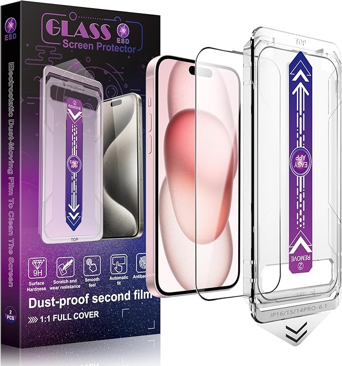 2 Pack Screen Protector Tempered Glass for iPhone 16 for iPhone 15 for iPhone 14 Pro 6.1-Inch Auto Dust Removal, No Bubbles, High Definition Clear, Easy Installation