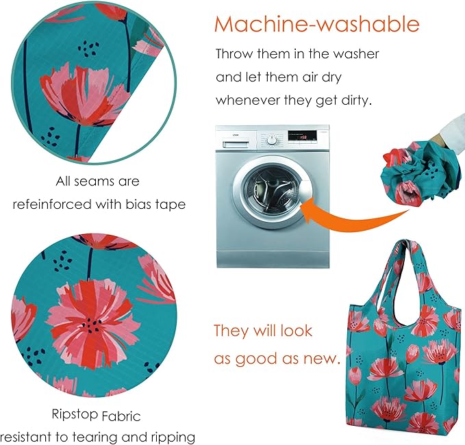 BeeGreen Reusable Grocery Bags 6 Pack, Heavy Duty Totes for Women, Foldable Grocery Bag Large Shopping Totes with Handles for Work, Travel, Gift, Store, Polyester Washable Reusable Tote Bag