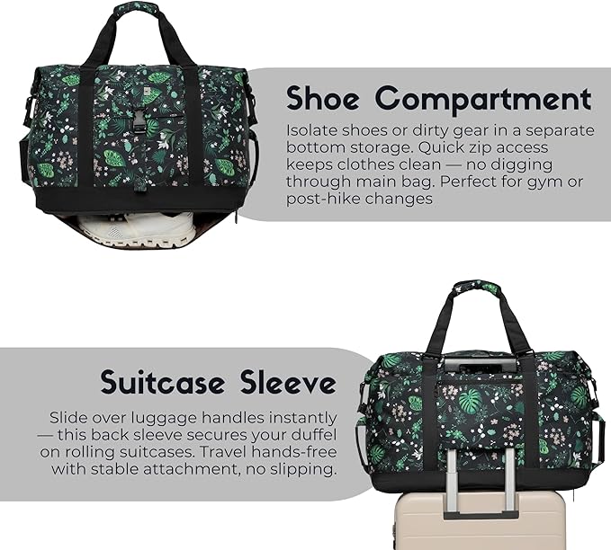 SUNNY BIRD Duffel with Utility Pouch, 40L Weekender Overnight Bag with Shoe Compartment for Travel and Sports (Floral & Foliage)