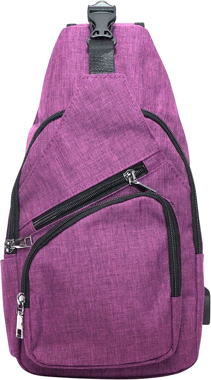 Anti-Theft Daypack Crossbody Sling Backpack, USB Charging Connector Port, Lightweight Day Pack for Travel, Hiking, Everyday, Large, Pink