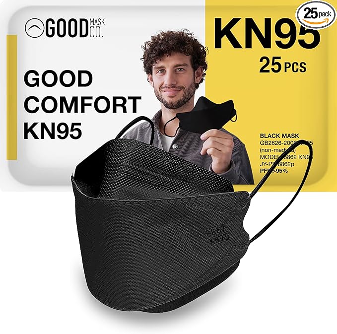 Good Mask Co. Good Comfort KN95 Face Mask, Disposable, Folding, Comfortable, Bulk (25 Pack, Black)