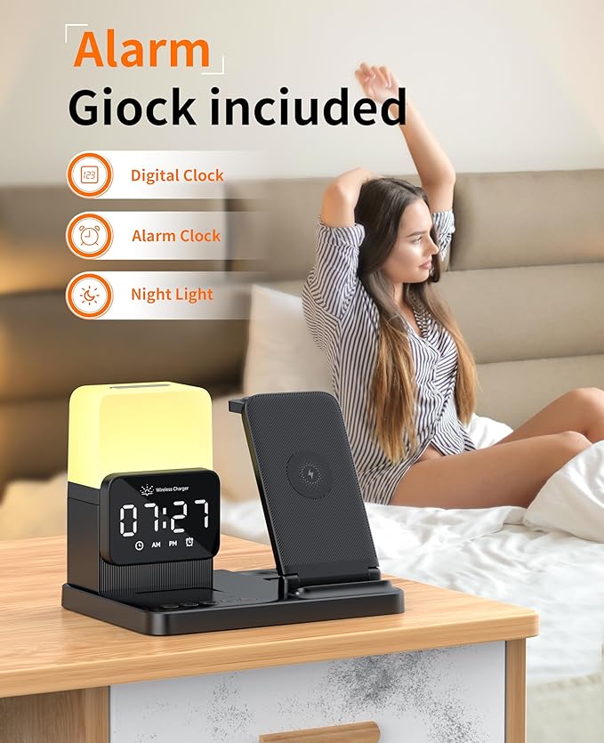 6-in-1 Wireless Charging Station, Charger Stand for Apple Multiple Devices, for iPhone 17 16 15 14 13 12 Pro Max Watch Airpods, Wireless Charger iPhone Charging Station with Night Light/Alarm Clock