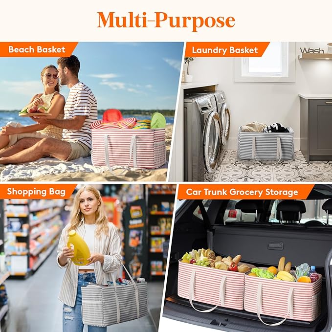 Lifewit Extra Large Tote Bag, Reusable Grocery Bags with Metal Wire Frame and Handles, Standing Utility Foldable Shopping Bags for Storage, Picnics, Beach, Pool, Laundry, Car 2 Packs 46L Gray and Pink