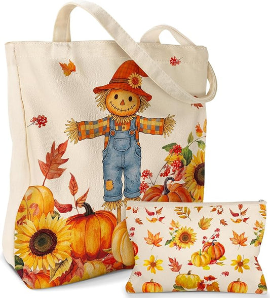 2 Pack Canvas Tote Bag - with Makeup Pouch Aesthetic Cute Women Reusable Canvas Bag for Shopping, Work, Travel