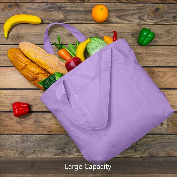 TOPDesign 6-Pack Canvas Tote Bags with an External Pocket, Reusable Grocery Shopping Bags, Top Zipper Closure, Daily Essentials (Lavender)