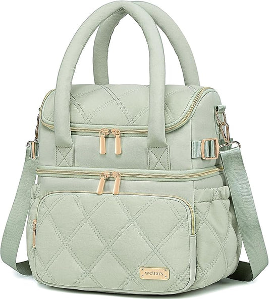 Weitars Lunch Bag for Women Men,Double Deck Lunch Box for Women,Quilted Lunch Tote for Work,Insulated Lunch Cooler Leakproof Lunchbox for Adult with Shoulder Strap &Pockets for Picnic Hiking (Green)