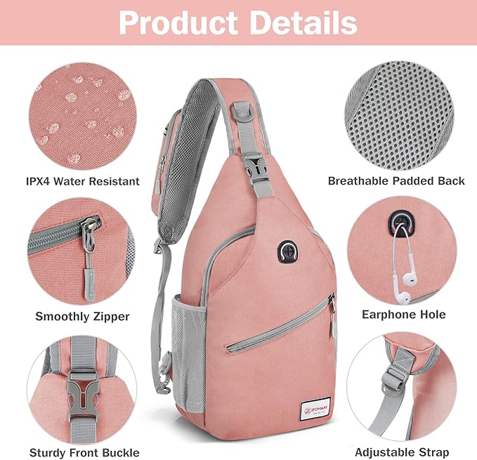 ZOMAKE Sling Bag,Small Crossbody Sling Backpack,Water Resistant Shoulder Daypack for Travel,Anti Thief Chest Bag for Hiking(Pink(New))