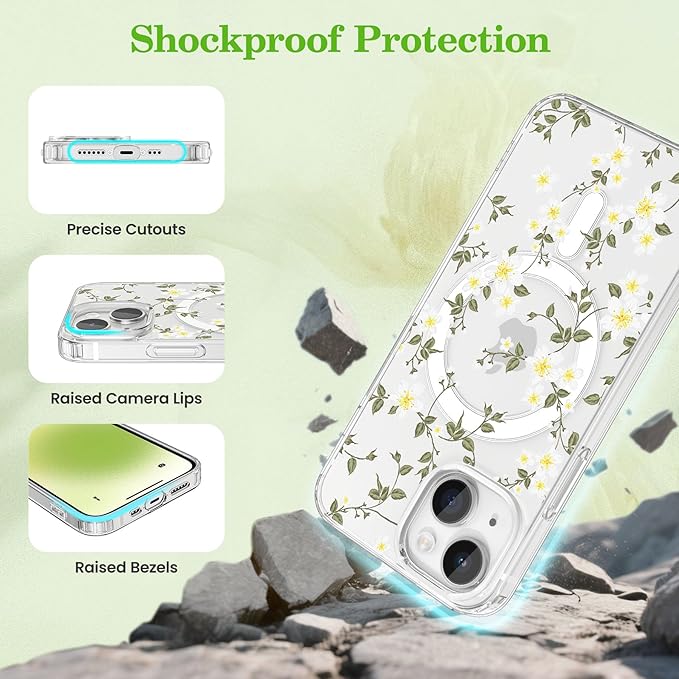 ZTOFERA for iPhone 15 Magnetic Case Compatible with Magsafe,Aesthetic Floral Pattern Design Cute for Girl Women,Anti-Drop Protective Hard Phone Cover for iPhone 15-Big White Flower