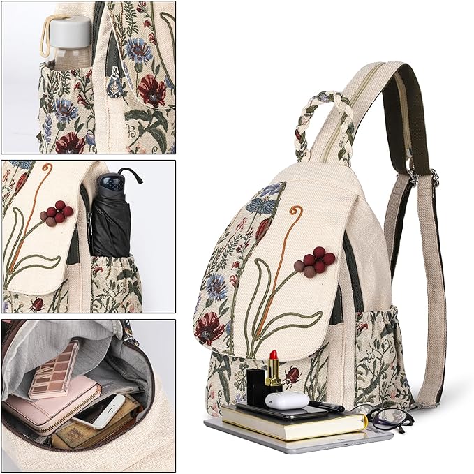 Ladys Convertible Sling Bag, Hand Craft Artisan Purse, Beautiful Grape Flower Canvas Premium Casual Day Mini Backpack for women