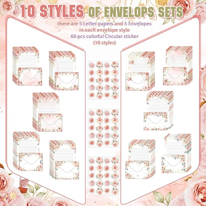TaoBary 160 Pcs Stationery Paper Set 50 Double Sided Stationery Papers with 50 Matching Envelopes and 60 Round Dot Sticker, 10 Design(Pink Floral,5.5 x 8.25 Inch)