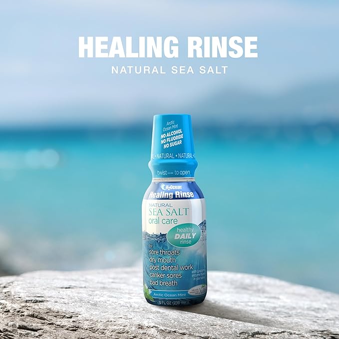 H2Ocean Healing Rinse Mouthwash- Great Tasting Sea Salt & Xylitol Mouth Wash for Fresh Breath & Dry Mouth - Alcohol & Fluoride Free - Arctic Ocean Mint 8oz