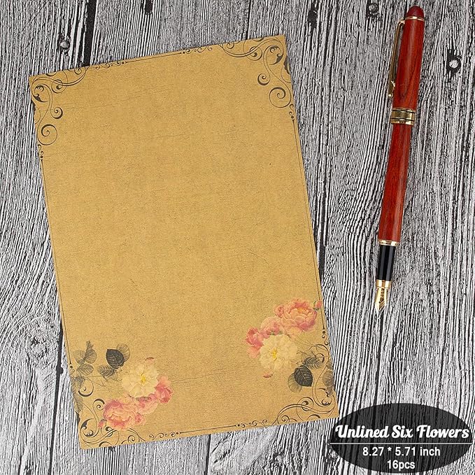 Vintage Stationary Paper + Kraft Envelopes Set with Seal Stickers (64pcs 4 Patterns 8.3 x 5.7 Writing Stationery Papers, 20pcs 2 Colors 7.9 x 4.7 Letter Envelope, 36pcs 2 Styles Rustic Seals)