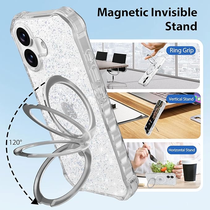 Magnetic for iPhone 17 Case with Invisible Stand, Compatible with MagSafe, Clear Bling Sparkle Shockproof Slim Anti-Slip Military Drop Protection Hard Phone Case 6.3" Glitter Silver