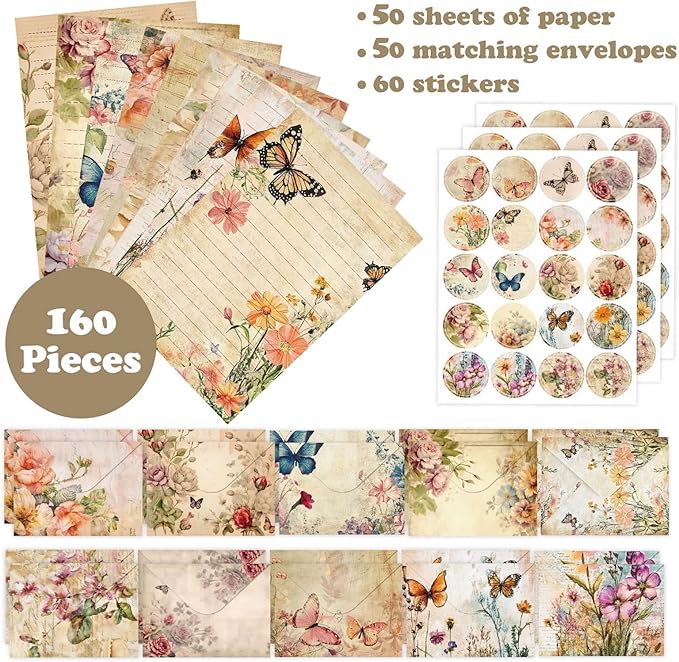 160 Pcs Stationery Paper Envelopes Set Includes 50 Lined Writing Paper & 50 Envelopes with 60 Colorful Round Dot Stickers, Cute Vintage Floral Letter Writing and Stationery Paper Envelopes(10Style)