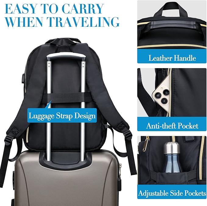 Travel Laptop Backpack, School Backpack for Teen Girls, 15.6 Inch Quilted Work Backpack Purse with USB Charging Port, Large Anti-theft Bookbag for Students, Casual Daypacks for Women,Black