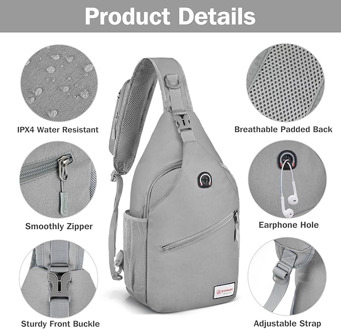 ZOMAKE Sling Bag,Small Crossbody Sling Backpack,Water Resistant Shoulder Daypack for Travel,Anti Thief Chest Bag for Hiking(Grey(New))