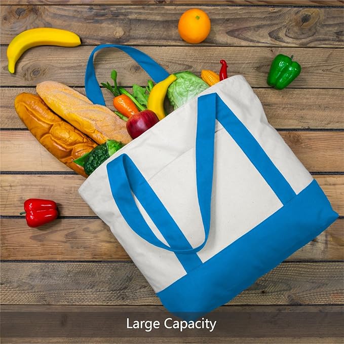 TOPDesign 1-Pack Canvas Tote Bag with an External Pocket, Reusable Grocery Shopping Bag, Top Zipper Closure, Daily Essentials (Ocean Blue/Natural)