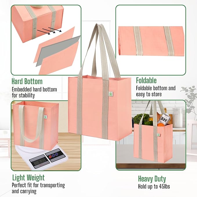 VENO 2-4 Pack Reusable Grocery shopping Bags, Small Tote Bag w/Handle Hard Bottom, Heavy Duty, Foldable Carrier