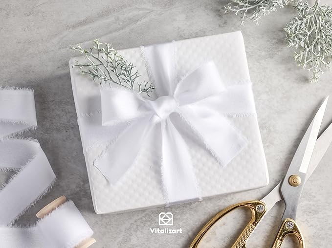 Vitalizart Silk Satin Ribbon 1 inch x 15 Yard Off White Handmade Frayed Ribbons for Gift Wrapping Baby Shower Wedding Bridal Bouquets Holiday Decor