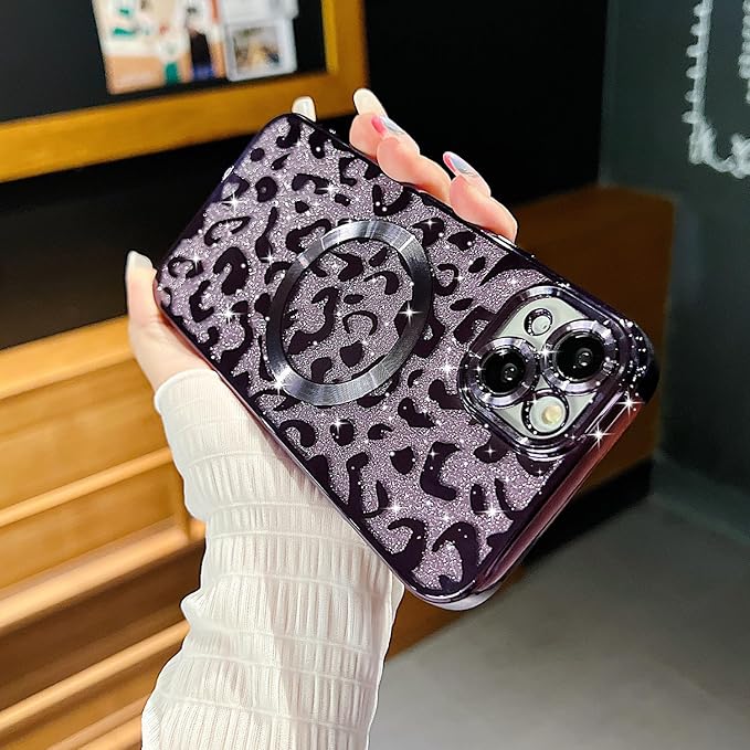 for iPhone 13 Case Magnetic,Soft Cute Luxury Leopard Cheetah Pattern Plating Glitter Bling Phone Case Compatible with MagSafe Clear Shockproof Back Cover for Women Girl 6.1"-Purple