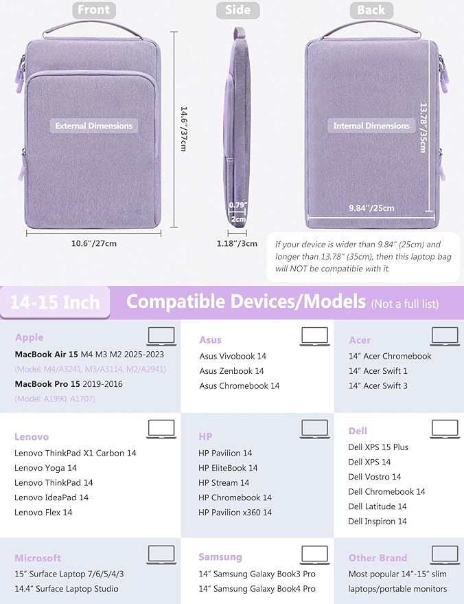 HYZUO 14-15 Inch Laptop Bag Sleeve for MacBook Air 15 M4 M3 M2, MacBook Pro 15, XPS 14/15 Plus, 15" Surface Laptop, Notebook Case for 14" Dell HP Lenovo ThinkPad Asus Acer Huawei, Lilac Purple