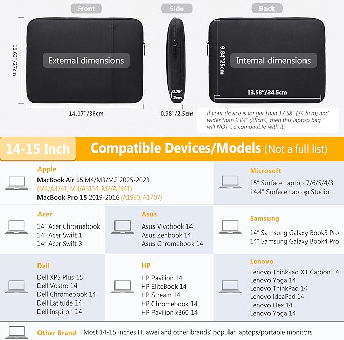 HYZUO 14-15 Inch Laptop Sleeve Bag Set for MacBook Air 15 M4/M3/M2, MacBook Pro 15, XPS 14/15 Plus, 15" Surface Laptop, Notebook Case for 14" HP Lenovo ThinkPad Asus Acer Huawei, Black