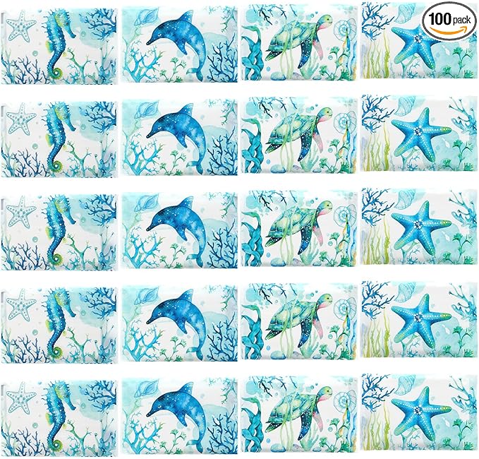 PerKoop 100 Pack Pocket Tissues Travel Slim Packs Small Facial Tissues Wallet Size Toilet Paper for Travel Guest Wedding Supplies, 4 Styles (Sea Animal)