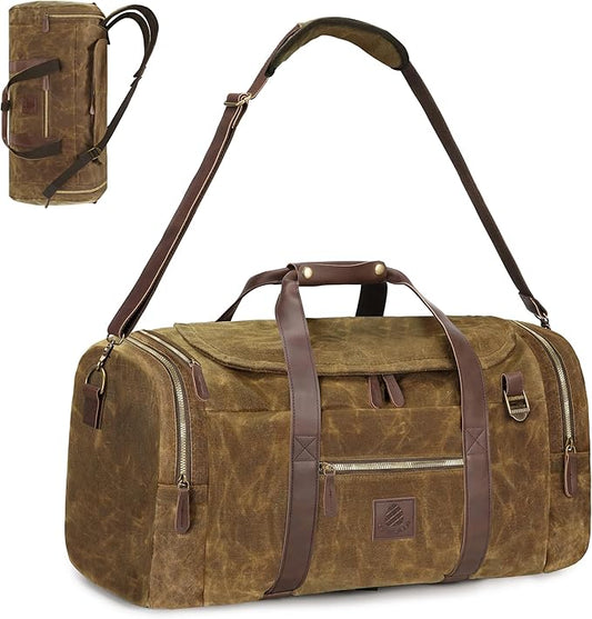 60L Travel Bags for Men, Nomad Washed Canvas Duffle Bag Vintage Genuine Leather Travel Duffel Bag Multifunctional Weekender Overnight Backpack with Shoes Compartment