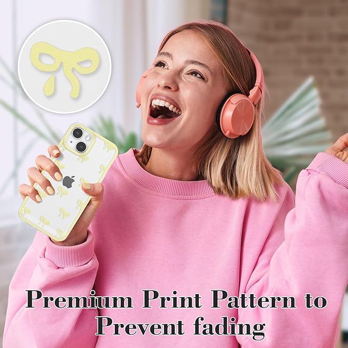 EYZUTAK Case for iPhone 15 Plus, Clear Cute Ribbon Bowknot Pattern Aesthetic Transparent Phone Case Raised Camera Protection Stylish Slim Soft Durable TPU Protective Cover for Women Girls - Yellow