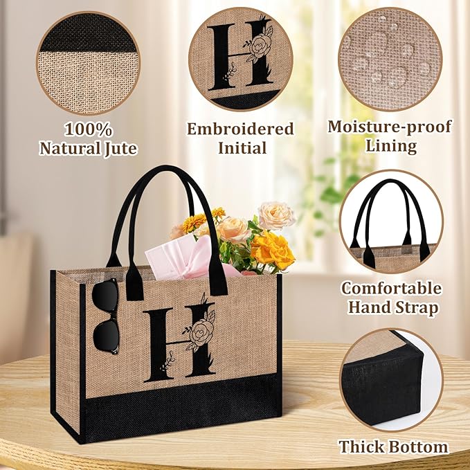 AYGE Personalized Initial Jute Tote Bag & Makeup Bag, Beach Bag, Monogrammed Birthday Gifts for Women Sister Mom Bridesmaid
