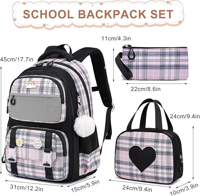 MOMUVO Girls Backpack with Lunch Box, Backpack and Lunch Box Set, School Bags for Girls Kindergarten Elementary Preschool Middle