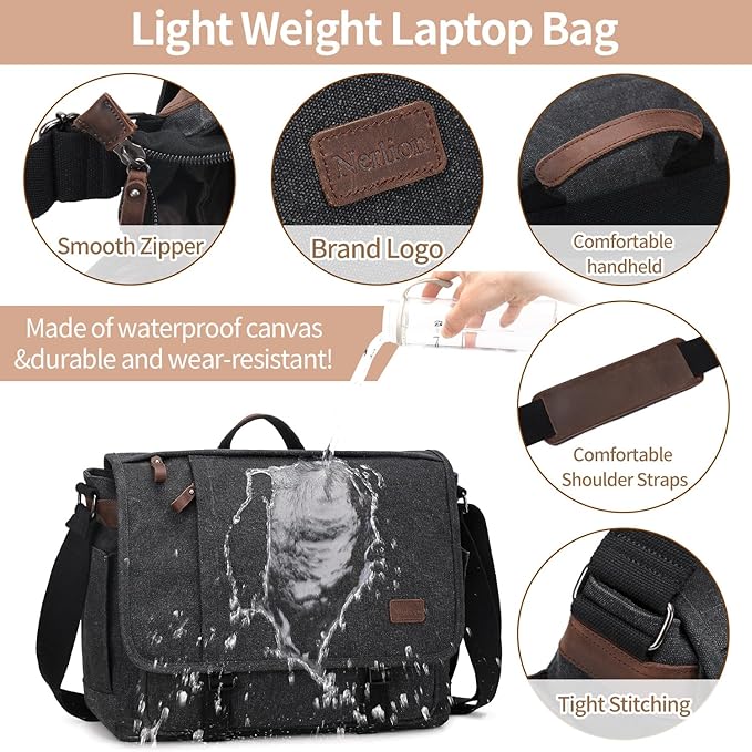 Nerlion Messenger Bag for Men 17-17.3 Inch Laptop Bag Canvas Water-resistant Computer Bag Shoulder Bag Work Briefcase Bookbag for College (Dark Gray)