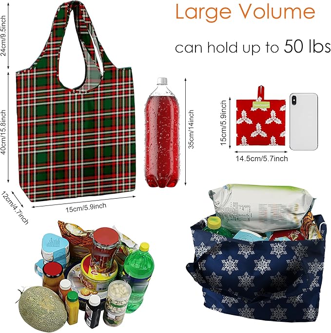 BeeGreen Christmas Reusable Gift Bags,6 Pack Large Holiday Tote Foldable Cloth Bag for Women, Cute Grocery Storage for Xmas Gifts Market Shopping, Washable Collapsible Reusable Bags with Handles