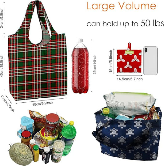 BeeGreen Christmas Reusable Gift Bags,6 Pack Large Holiday Tote Foldable Cloth Bag for Women, Cute Grocery Storage for Xmas Gifts Market Shopping, Washable Collapsible Reusable Bags with Handles