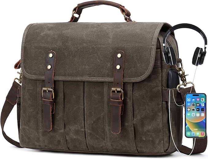 Messenger Bag for Men 15.6 Inch Vintage Canvas Genuine Leather Briefcase for Men Laptop Bag Satchel Shoulder Bag