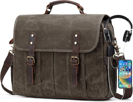 Messenger Bag for Men 15.6 Inch Vintage Canvas Genuine Leather Briefcase for Men Laptop Bag Satchel Shoulder Bag