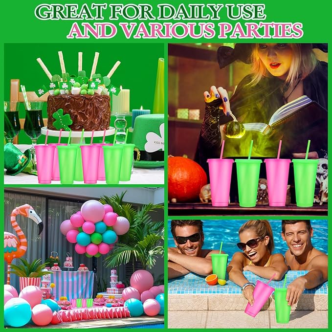 Honeydak 30 Pack Tumbler with Straw and Lid Bulk Glitter Plastic Cups Water Bottle Iced Coffee Travel Mug Reusable Party Favor Cups for Birthdays travel 24-27 oz (Pink and Green)