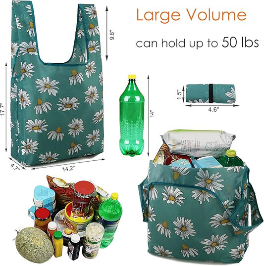 BeeGreen Large Flower Tote Bag - 12 Pack Heavy Duty Reusable Grocery Bags and Foldable Shopping Bags for Groceries, Cute Travel Reusable Gifts,Lightweight Washable Cloth Bag With Handles for Women