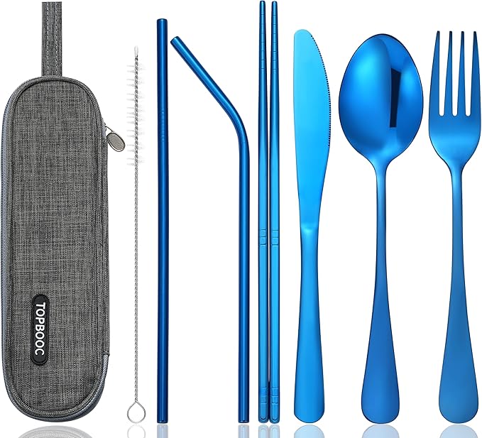 Portable Stainless Steel Flatware Set, Travel Camping Cutlery Set, Portable Utensil Travel Silverware Dinnerware Set with a Waterproof Case (Blue)