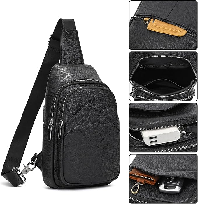 Genuine Leather Sling Bag Multi-pocket Chest Bag for Men Hiking Travel Daypack