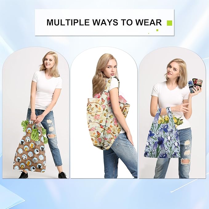 BeeGreen Reusable Grocery Bags 6 Pack - Foldable, Heavy Duty Shopping Tote Bags with Zipper Pouch, Large Capacity (50+ Lbs), Animal Prints Designs for Women & Men, Machine Washable