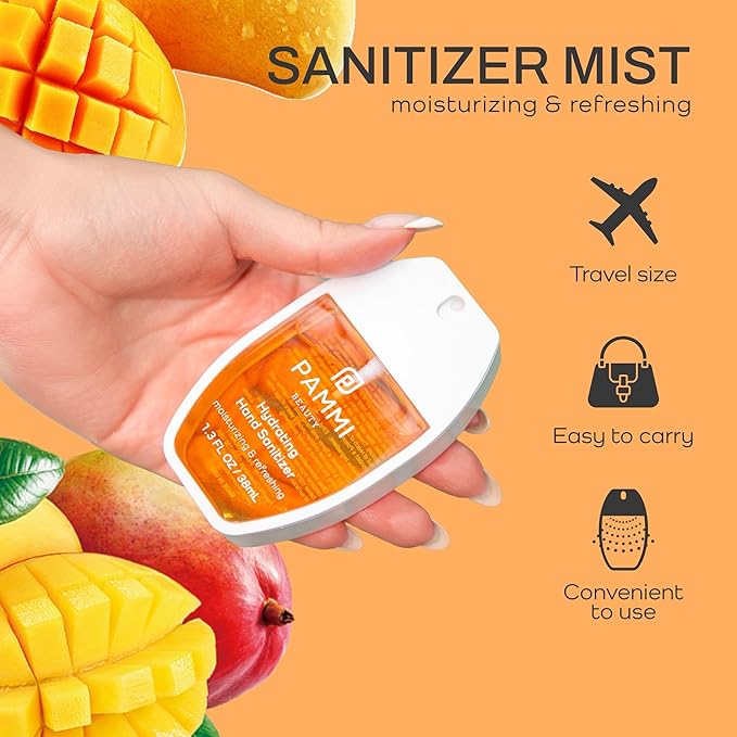 PAMMI Hand Sanitizer Spray Travel Size - Mini Scented Hand Sanitizer Spray Quicky Dry, Pocket Scented Hand Saniztier - 600-Sprays (2 Packs (Mango))