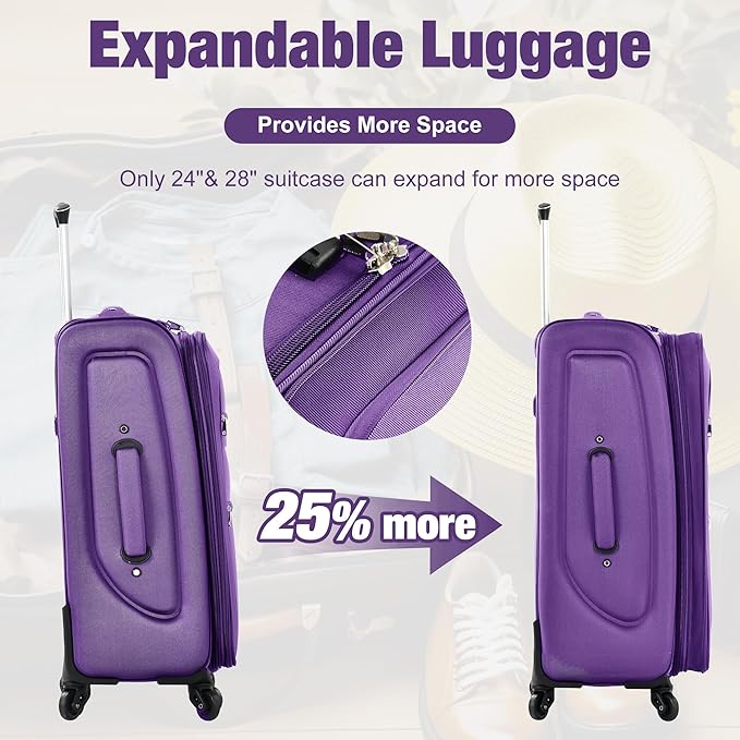 Merax Softside Luggage Set Softshell Lightweight 3 Piece Spinner Suitcase with Duffel Bag Expandable Upright Travel Luggage 22" 26" 30",Purple