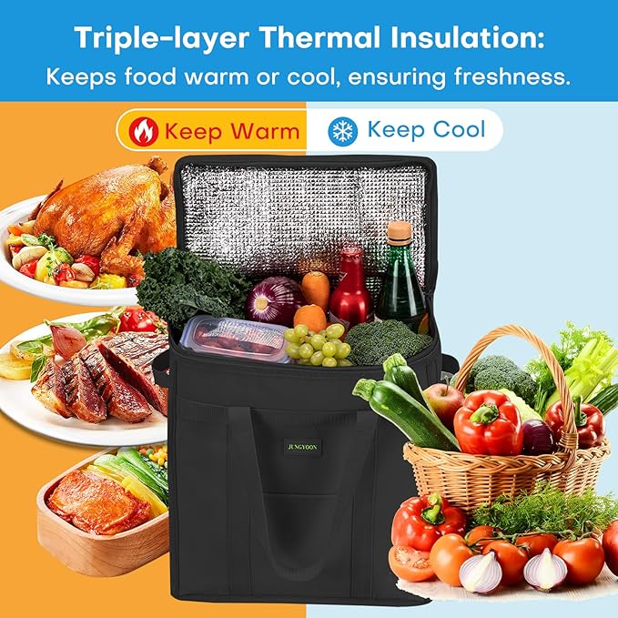 JUNGYOON 2-Pack Heavy-Duty Insulated Grocery Bags & Picnic Basket – Collapsible Cooler Bag with Zippered Top | Reusable Shopping Bags for Groceries, Picnics, Easy Storage(M Black)