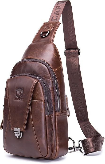 BULLCAPTAIN Leather Sling Bag for Men Multi-pocket Crossbody Chest Bag Travel Casual Shoulder Backpack